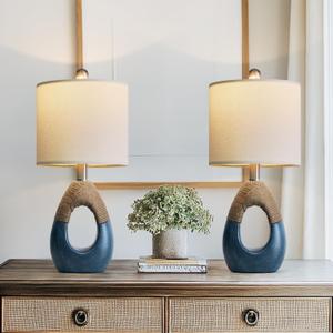 OYEARS 19" Boho Bedside Lamps Set of 2, Suitable for Small Spaces, Blue Table Lamps for Living Room & Coastal Farmhouse End Tables