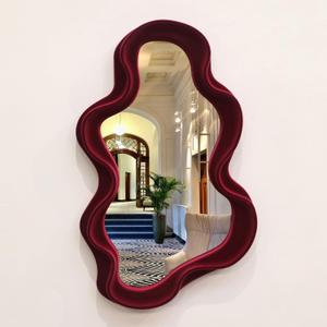 Mirror Wall Decor for Home Office Apartment, Asymmetrical Decorative Mirror for Entryway Porch Fireplace, Irregular Hanging Wall Art Sculpture for Christmas (Wine Red) (16x10")