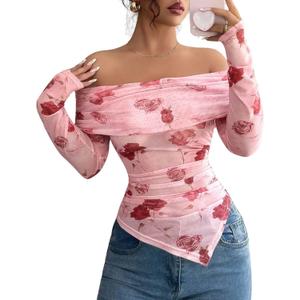 Women Floral Off Shoulder Tops,Mesh Long Sleeve and Ruched Slim Fit Going Out Top (Pink, XXL)