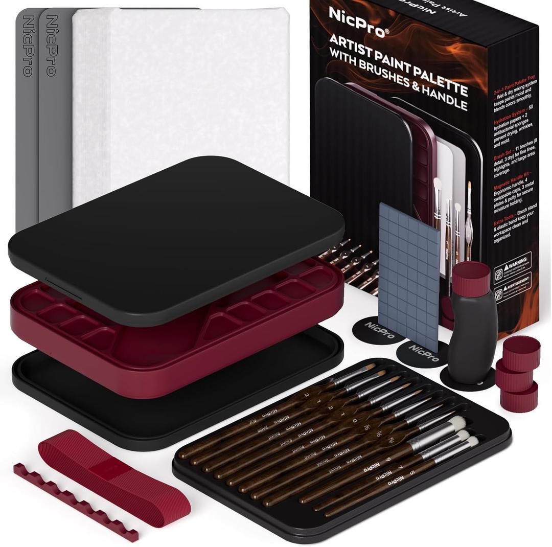 Nicpro Professional Miniature Painting Kit with Wet Palette, Miniature Painting Handle & 11PCS Detail Paint Brushes Drybrush, Sponge, Pallet Paper, Brush Holder Mixing Paint Saver Palette (Red & Black)