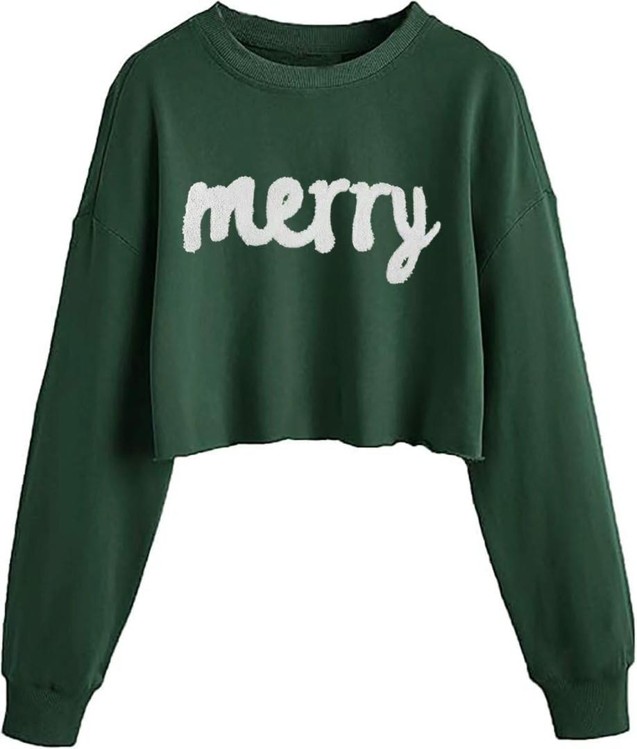 Womens Casual Merry Sweatshirts Merry and Bright Christmas Sweatshirt Long Sleeve Crop Graphic Tees (Small, Green)