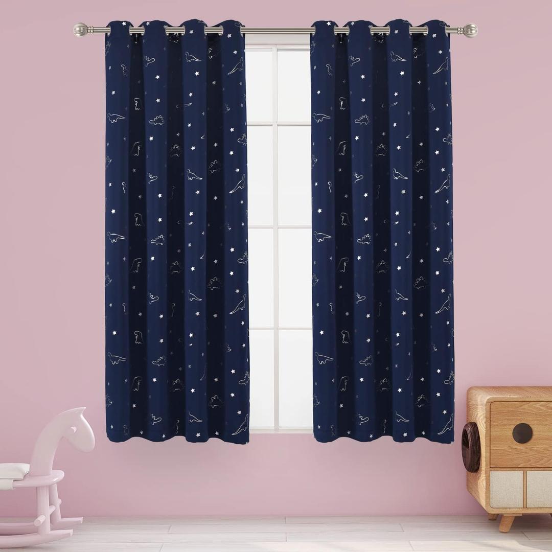 LORDTEX Dinosaur and Star Foil Print Blackout Curtains for Kids Room - Thermal Insulated Curtains Noise Reducing Window Drapes for Boys and Girls Bedroom, 52 x 45 Inch, Navy, Set of 2 Panels