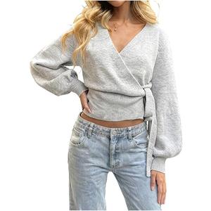 Women's V Neck Wrap Sweater Long Lantern Sleeve Cinched Waist Crop Tops Fall Knitwear, L