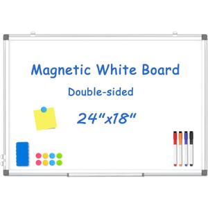 WALGLASS Double-Sided White Board, 24" x 18" Dry Erase Board Magnetic Whiteboard for Wall, Hanging Mounted Whiteboard Silver Aluminium Frame for Home, School, Office, Kitchen