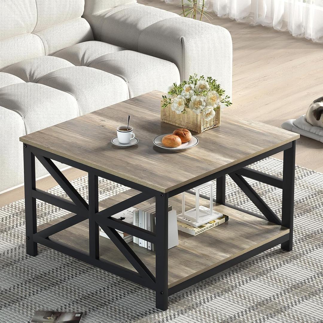 GreenForest Modern Living Room Coffee Table with 2 Tier Storage, Small Square Wood and Metal Farmhouse Center Table with Seamless One-Piece Tabletop, 27.55 Inch, Grey Wash