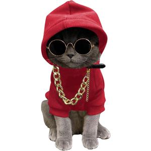 QWINEE 3Pcs Dog Hoodie Cat Apparel Dog Custume Set with Necklace and Sunglasses Pet Clothes for Puppy Small Medium Dogs Cats Red S