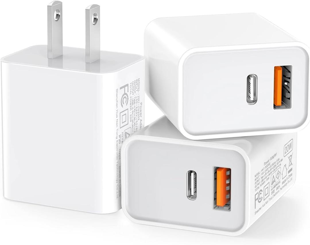 3 Pack USB C Wall Charger, 20W Durable Dual Port QC+PD 3.0 Power Adapter, Double Fast Plug Charging Block for iPhone 14/15/16/17 Pro/Pro Max/Plus, XS/XR/X, Watch Series 8/7 CubeWhite