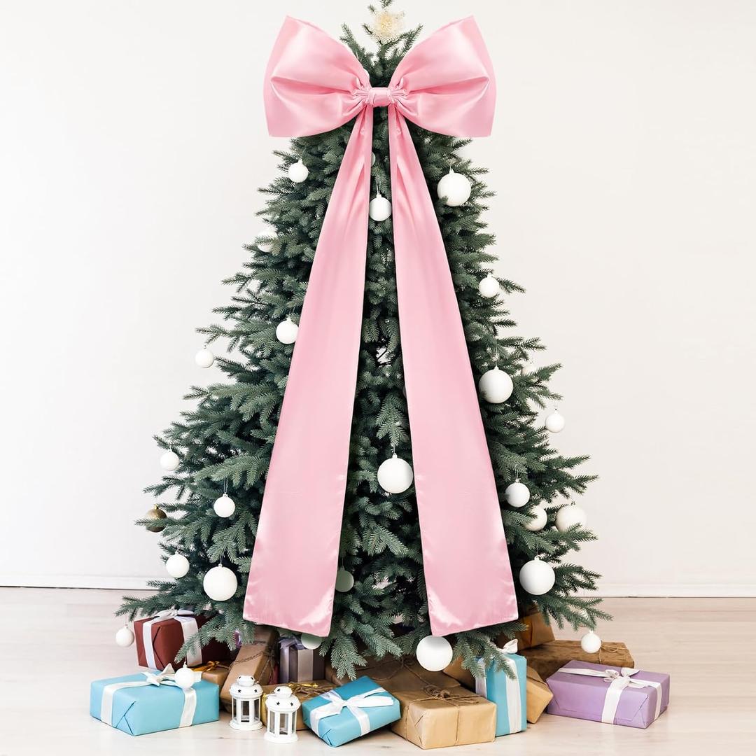 20 x 47 Inches Extra Large Christmas Satin Bows Christmas Tree Topper Decorations Giant Xmas Tree Toppers Bows for Home Wreath Wall Holiday Birthday Wedding Engagement Party Decor(Pink)