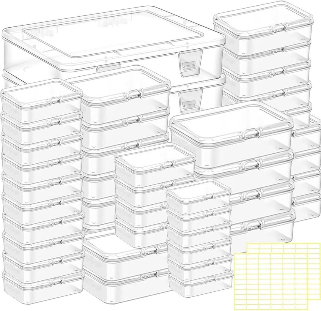 Bead storage container,44pcs of different sizes rectangular mini clear plastic storage box with hinged lid and label for bracelet making DIY jewelry craft nail organizer,Mix Size-2