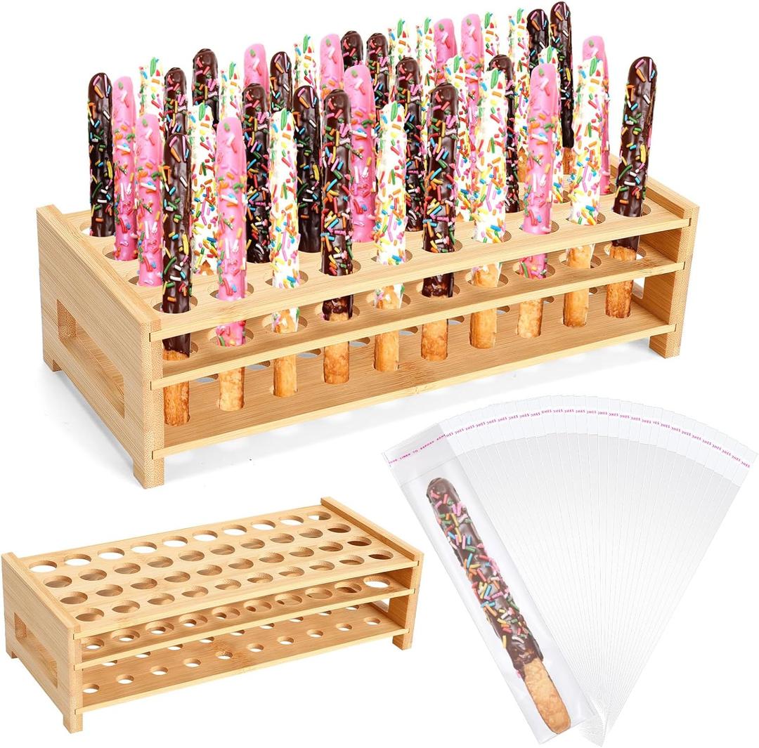 Pretzel Rod Holder and 100 Pcs Bags Plastic Clear Pretzel Sticks Stand up to 40 Rods for Wedding Birthday Treat Parties(Wooden)