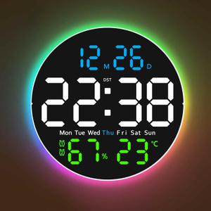 10 Inch Large Digital Wall Clock with 9 Color Changing Remote Control, Date Week Temperature, Auto Brightness Dimmer Clock Night Lights,Blue+Green