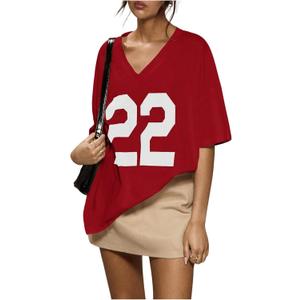 SOLY HUX 2024 Jersey Shirts for Women Number Graphic T Shirt V Neck Half Sleeve Oversized Tees Summer Streetwear Tops Red Letter Large