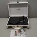 Record Player 3 Speeds Turntable with Bluetooth Built-in Battery Stereo Speakers Vintage Record Player Belt Driven Portable Suitcase PC Recording White