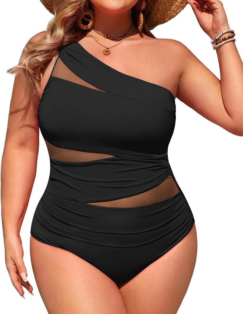 Aqua Eve Plus Size One Piece Swimsuit for Women Tummy Control Bathing Suits One Shoulder Swimwear (Black -1) Size 20 Plus