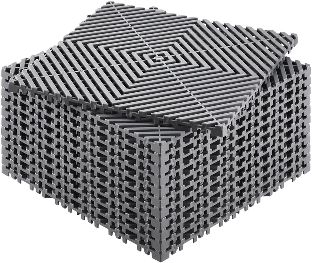 VEVOR Interlocking Drainage Mat, 12 x 12 Modular Interlocking Cushion, 12 Pcs Splicing Drainage Mats, Non-Slip Gray PP Drainage Floor Tile and Shower Mat, for Garage, Garden, Kitchen & Outdoor, Grey, 12 pieces
