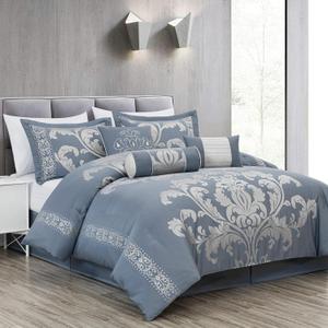 Chezmoi Collection Royale 7-Piece Jacquard Floral Comforter Set, King, Grayish Blue/Gray