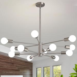 RUIYEY Modern Sputnik Chandeliers Light, 12 Lights Brushed Nickel Dining Room Chandelier Over Table, Height Adjustable Industrial Semi Flush Mount Mid Century Chandelier for Kitchen Island Living Room