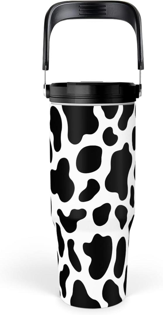 SANDJEST Cow Print Tumbler with Handle, 30oz Flip Straw Stainless Steel Tumblers Coffee Travel Cup, Cowgirl Tumbler Gifts for Women Girls for Birthday Christmas Mothers Day