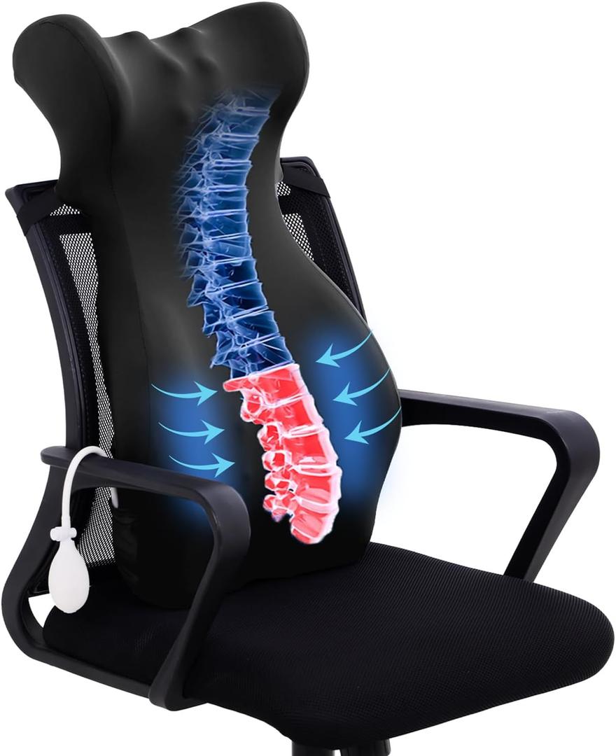 28.7'' Extra Long Lumbar Support Pillow for Office Chair - with Neck Support & Adjustable Air Bag Lumbar Cushion for Lower Back Pain Relief, Back Cushion for Desk Chair/Home Office (Black)