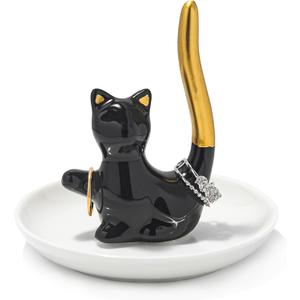Cat Ring Holder Ceramic Jewelry Dish - Trinket Tray for Earrings and Organizer - Funny Themed Gifts for Cat Mom, Lovers, Birthday Gifts for Women