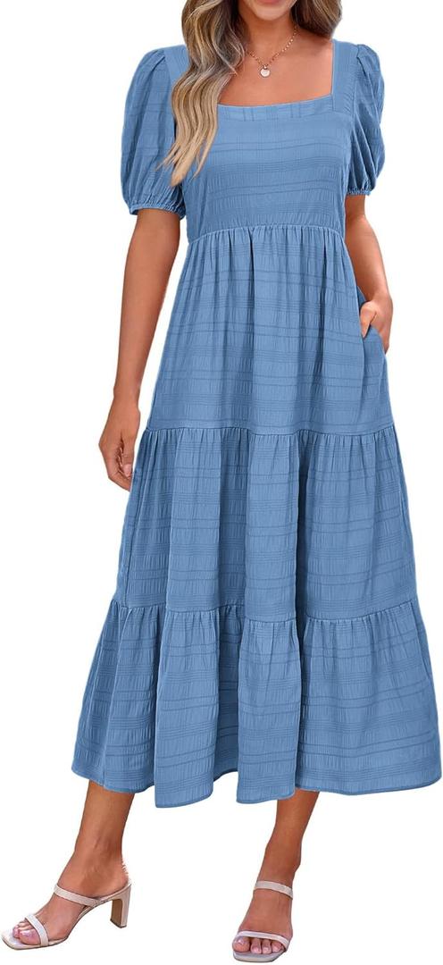 PRETTYGARDEN Women's Casual Summer Dress 2024 Short Sleeve Smocked High Waist Flowy Swing Loose Wedding Guest Dresses(Blue, Large)