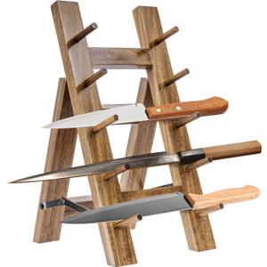 MyGift 5 Tier Premium Acacia Solid Wood Universal Kitchen Knife Holder, Foldable A-Frame Countertop Cutlery Display Stand, Chef Knives Storage Drying Rack