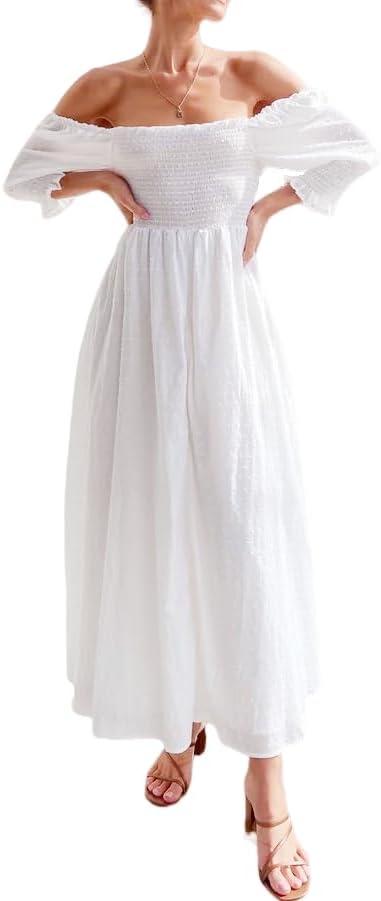 Zebaexf Women Summer Half Sleeve Backless Long White Dresses A Line Flowy Ruffled Vintage Elegant Maternity Dress (White)