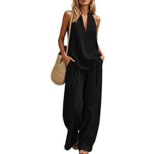 Womens Boho Linen 2 Piece Sets Summer Sleeveless Halter V Neck Tank Top Wide Leg Pants Matching Lounge Outfits 2026 (Black, L)