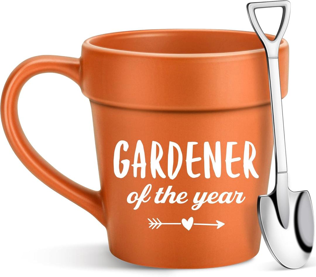 Gardening Coffee Mug Christmas Birthday Gifts for Women Men Boss Teacher Mom Dad Best Friend,Cool HandMade Office Desk Fall Decor White Elephant Gift,Novelty Plant Lovers Pot Cup with Shovel Spoon Set