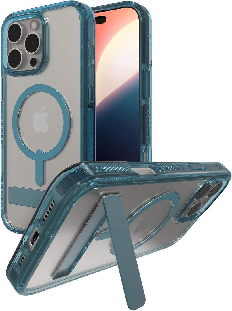 ZAGG Santa Cruz Snap with Kickstand Case for iPhone 16 Pro Max  MagSafe Compatible, 13ft Military-Grade Drop Protection, Reinforced with Graphene, Clear Case with Vibrant Color Accents, Retro Blue