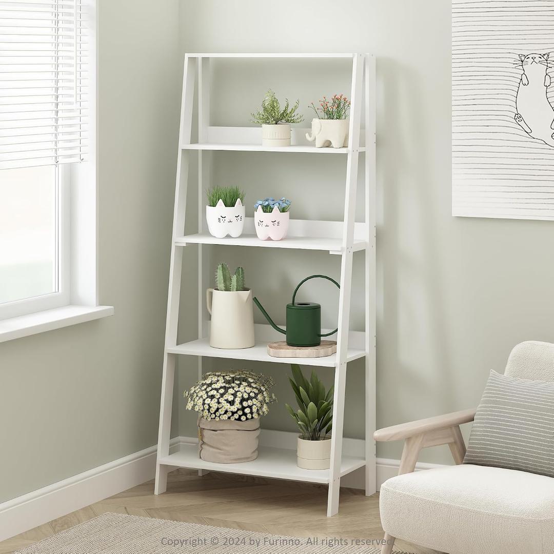 Furinno Ladder Display Shelf, 5-Tier Ladder Shelf, Ladder Bookshelf, Display Storage Shelves, 13 x 23.6 x 53.5, for Living Room, Home Office, White