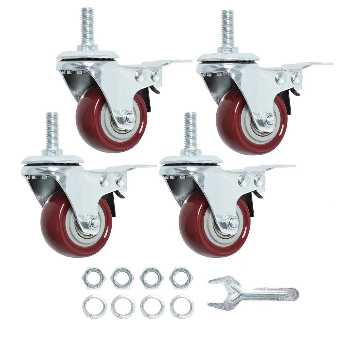 Finnhomy Swivel Caster Wheels 2 Inch Heavy Duty Threaded Stem Casters 5/16"- 18 x 1 with Brake Set of 4 Premium Polyurethane Wheels PU Load Bearing 800 Lbs Anti-wear Smooth Casters, Red