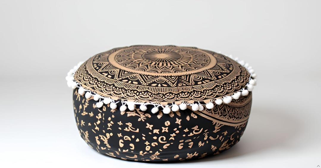 INDIAN CRAFT CASTLE ICC Mandala Barmeri Large Floor Pillow Cover Cushion Meditation Seating Ottoman Throw Cover Hippie Decorative Zipped Bohemian Pouf Ottoman Cases Black Gold, 18" Round