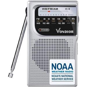 NOAA Weather Radio - Emergency NOAA/AM/FM Battery Operated Portable Radio with Best Reception and Longest Lasting Transistor. Powered by 2 AA Battery with Mono Headphone Socket, by Vondior (Silver)