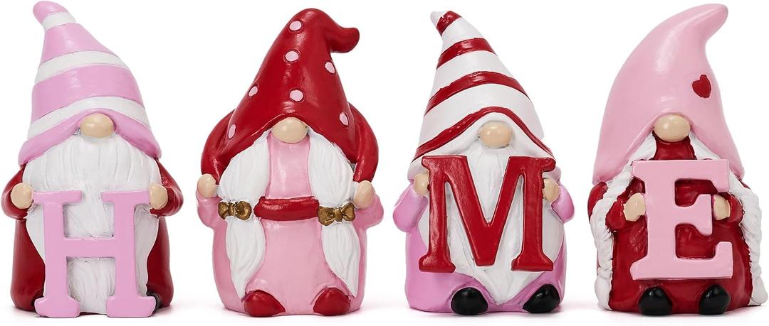 Valery Madelyn 4Pcs Valentines Gnome Decorations, Resin Gnome Family Tiered Tray Decor, Red Pink Sweet Gnome Table Decor, Valentines Gifts for Him Her Wedding, 3.1 Inch (Medium)