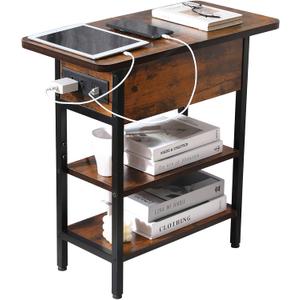 End Table with Charging Station, Narrow Side Table with USB Ports & Outlets, Flip-Top Nightstand with Storage Shelf, Small Bedside Table for Living Room, Bedroom, Small Space,Rustic Brown