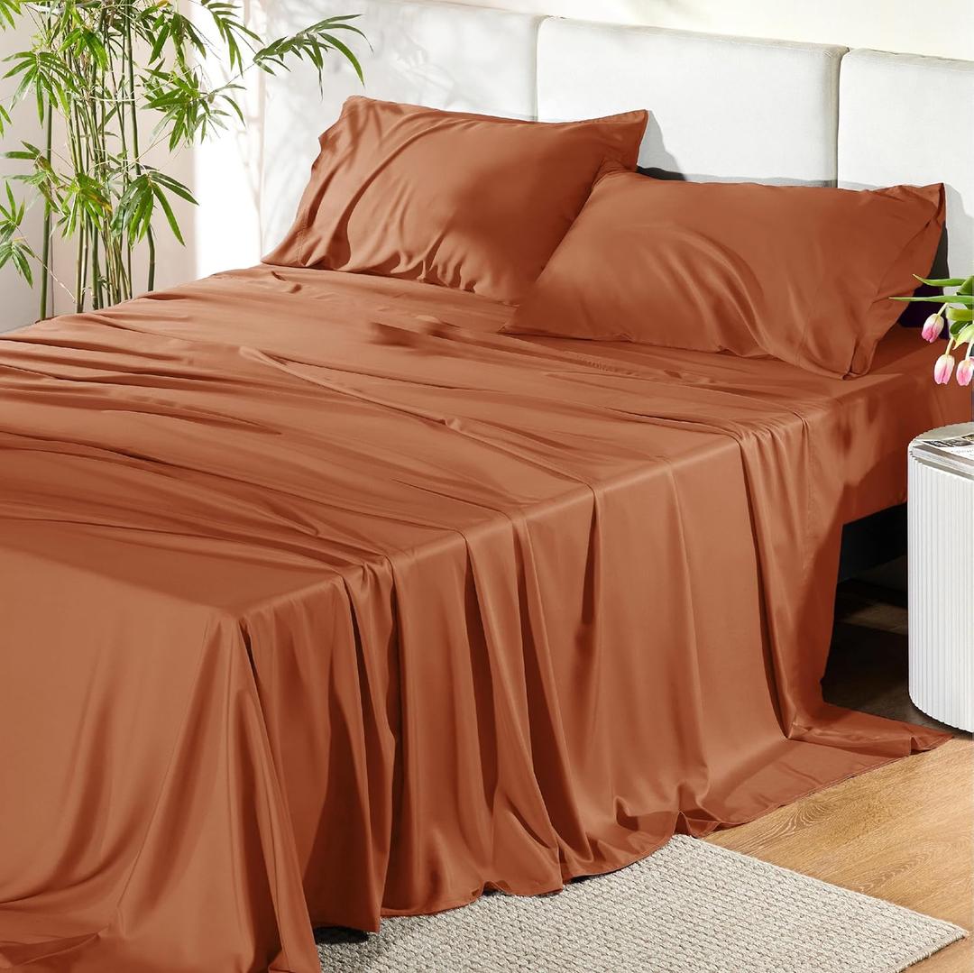 Bedsure Queen Sheet Set, Rayon Derived from Bamboo, Cooling Sheets, Breathable & Soft, Deep Pocket Up to 16 Inches, Hotel Luxury Silky Bedding for Hot Sleepers, Burnt Orange