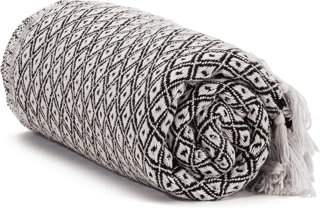 Americanflat 50x60 Throw Blanket - Soft and Breathable 100% Cotton Throw Blanket for Couch, Bed, Chair - Decorative Blankets - Black and Cream Mini Diamond Design