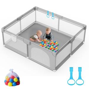 79 x 71 Playpen for Babies and Toddlers - Safe Baby Fence with 50 PCS Ocean Balls and 2 Pull Handles for Indoor - Large Baby Playpen for Activity Center - Play Yard with Non-Slip Suction Cups