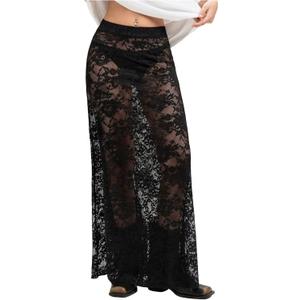 Milumia Women's Sexy Sheer Mesh Lace Maxi Skirt Y2k See Through Flowy Long Skirt (Large, Black)