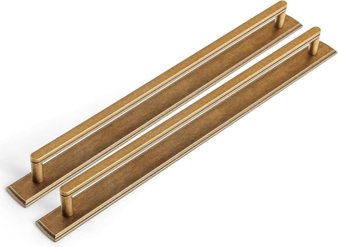 Goo-Ki 2 Pack 12 5/8 Inch Antique Brass Cabinet Pull Handle with Backplate  Decorative Grooved Texture & Non-Slip Grip for Farmhouse/Industrial Kitchen Cabinetry