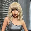 Short Blonde Bob Wigs with Bangs Wavy Curly Wig Shoulder Length Synthetic Cosplay Wigs for Women Colorful Costume Wigs