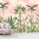 Watercolor Pink Tropical Botanical Leaf Wallpaper Mural for Nursery Girls Bedroom (Not Peel and Stick)