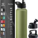 FineDine Water Bottle - Stainless Steel Insulated Water Bottle with Straw Lid, Flip Lid & Wide-Mouth Cap - Keeps Hot and Cold - 40 Oz / 1.18L - Army Green