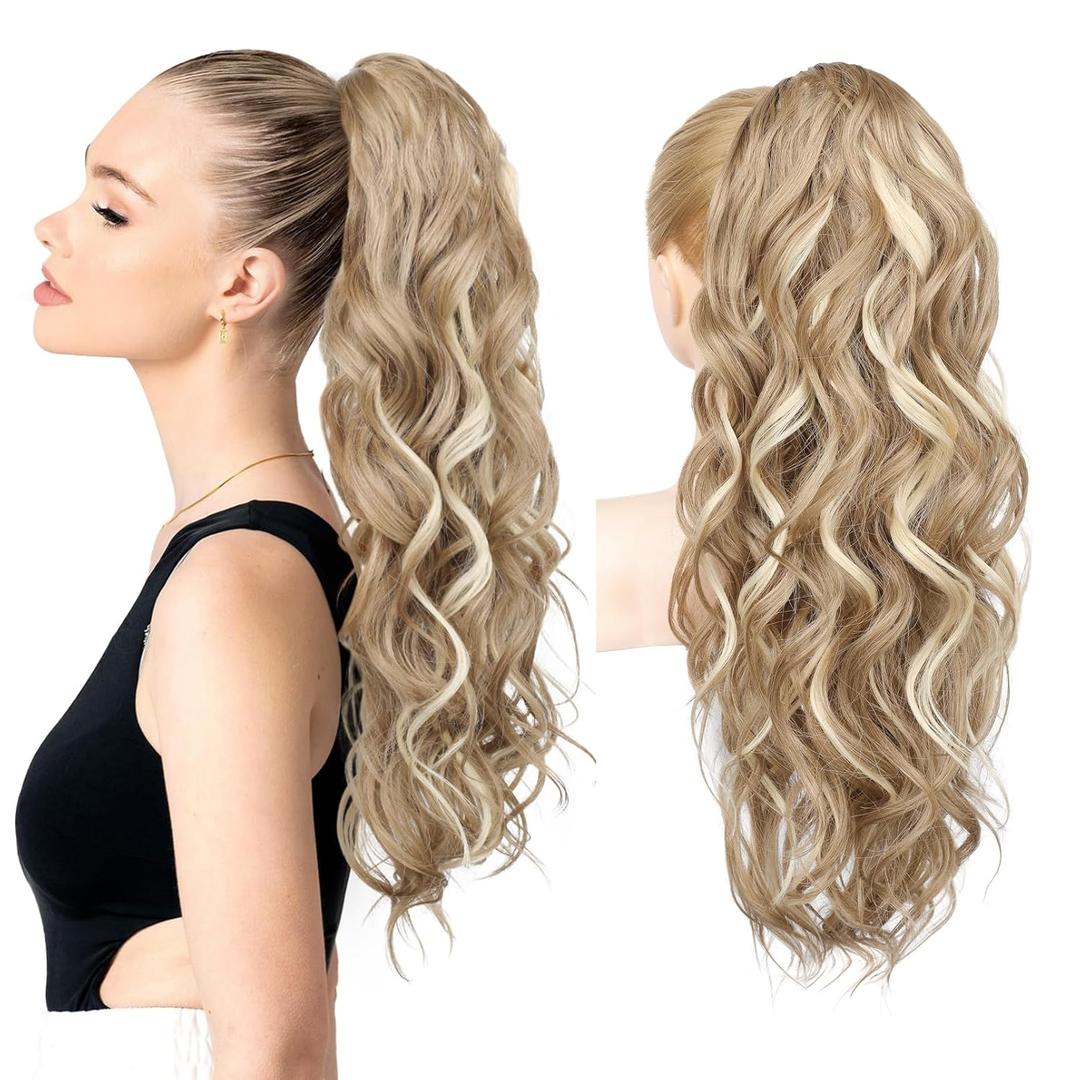 REECHO Ponytail Extension, 24" Claw Clip Ponytail Extension Wavy Ponytails Hair Extensions Jaw Clip on Pony Tails Natural Synthetic Hairpiece for Women Daily, Honey Blonde with Highlights