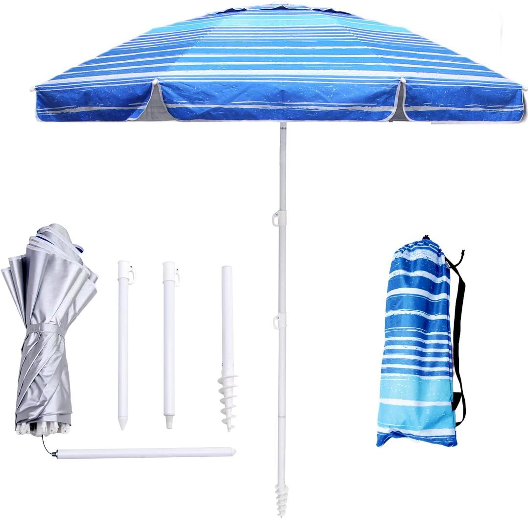 LOTTAFUN 6.5ft Beach Umbrella - Heavy Duty Wind Resistant UV 50+ Portable Sun Shade with Sand Anchor & Carry Bag, Outdoor Folding Umbrella for Beach, Pool, Patio, Garden (Blue Stripe) No Tilt