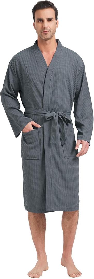 FashGudim Mens Lightweight Waffle Knit Robe Soft Kimono Spa Bathrobes Knee Length Summer Robes (Small-Medium Tall)