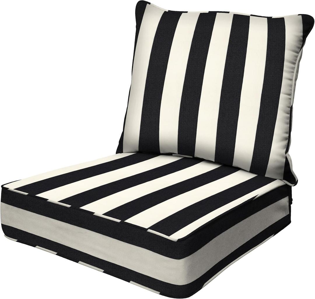Honeycomb Outdoor Deep Seat, 24" W x 23" D, Cabana Stripe Black & Ivory Outdoor Chair Cushion (Cabana Stripe Black and Ivory)