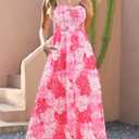 Gardenwed Women's Floral Print Maxi Dress,Spaghetti Strap Smocked Bodice A-Line Sundress with Pockets (Pink, M)