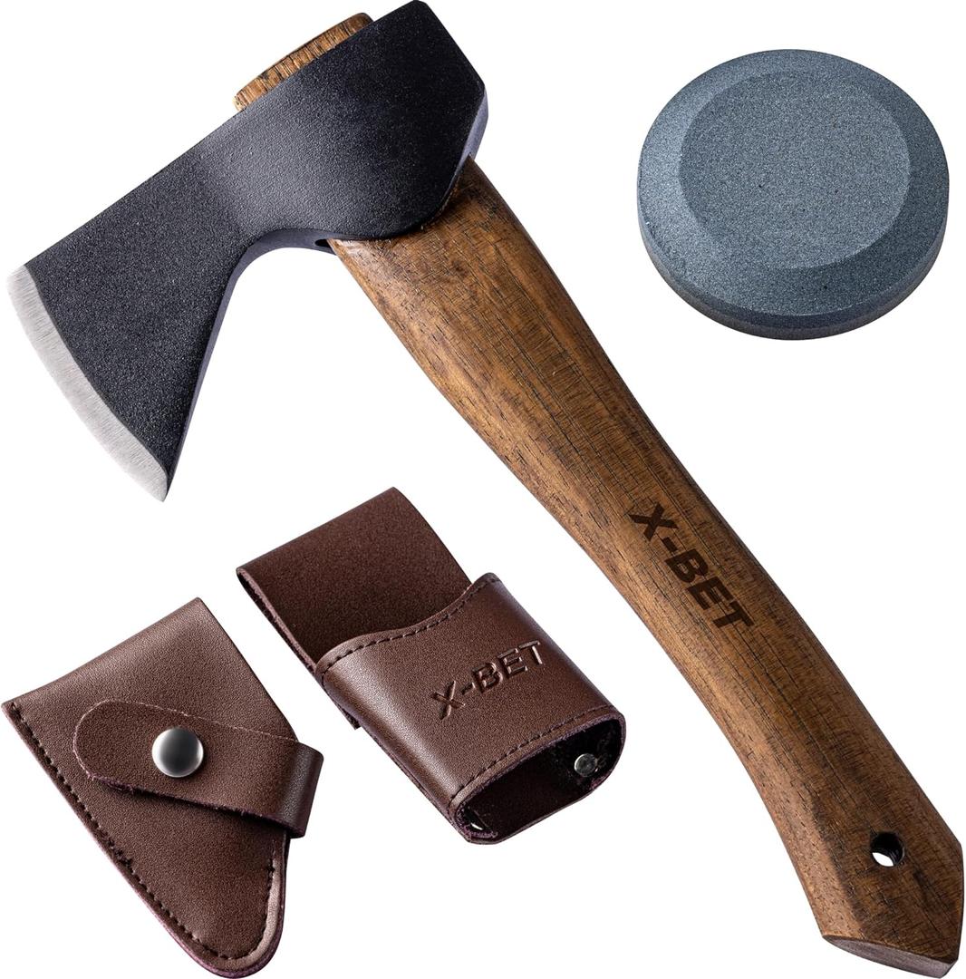 12" Hand-Forged Hatchet with Sheath and Sharpener - Camping Axe, Bushcraft and Survival Hatchet Spring Steel Blade - Small Axe Perfect for Wood Carving, Cutting, Splitting and Gardening
